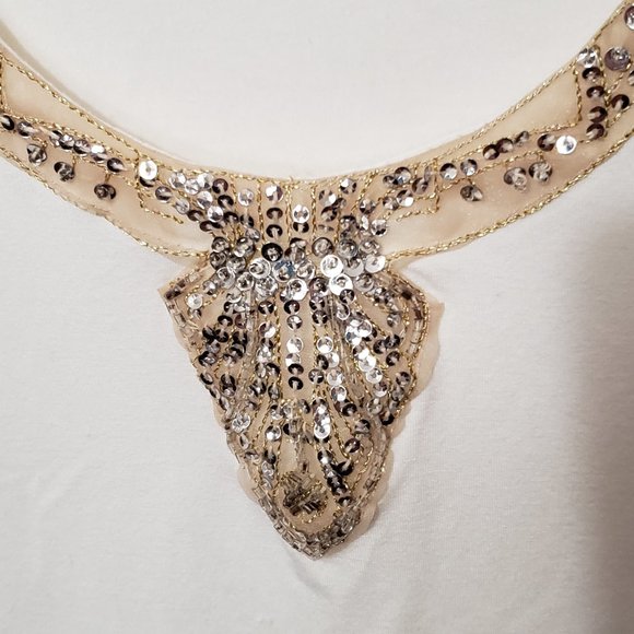 White INC Stretch Tee Shirt With Sequined Neckline Size Petite Medium - Picture 3 of 5